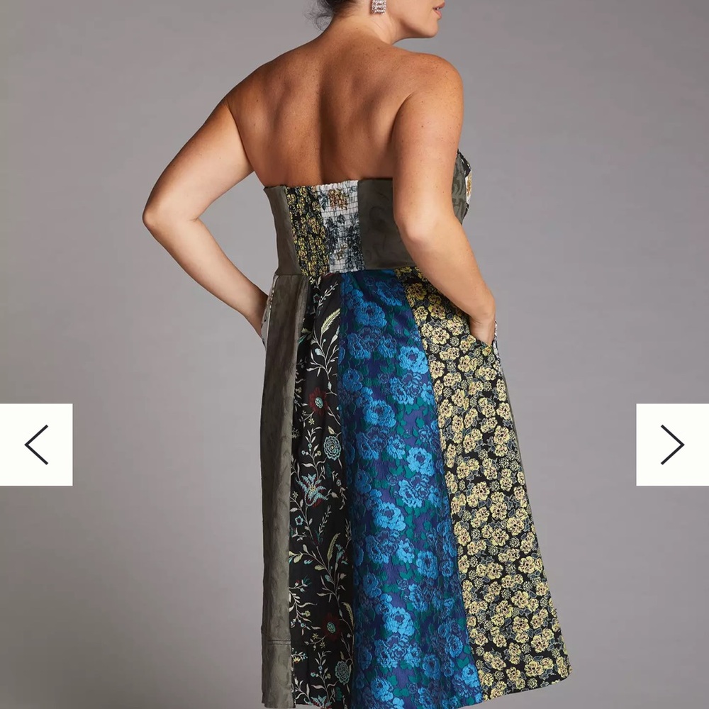 Patchwork Strapless Floral A-Line Dress in Blue and Black - Picture 5 of 8